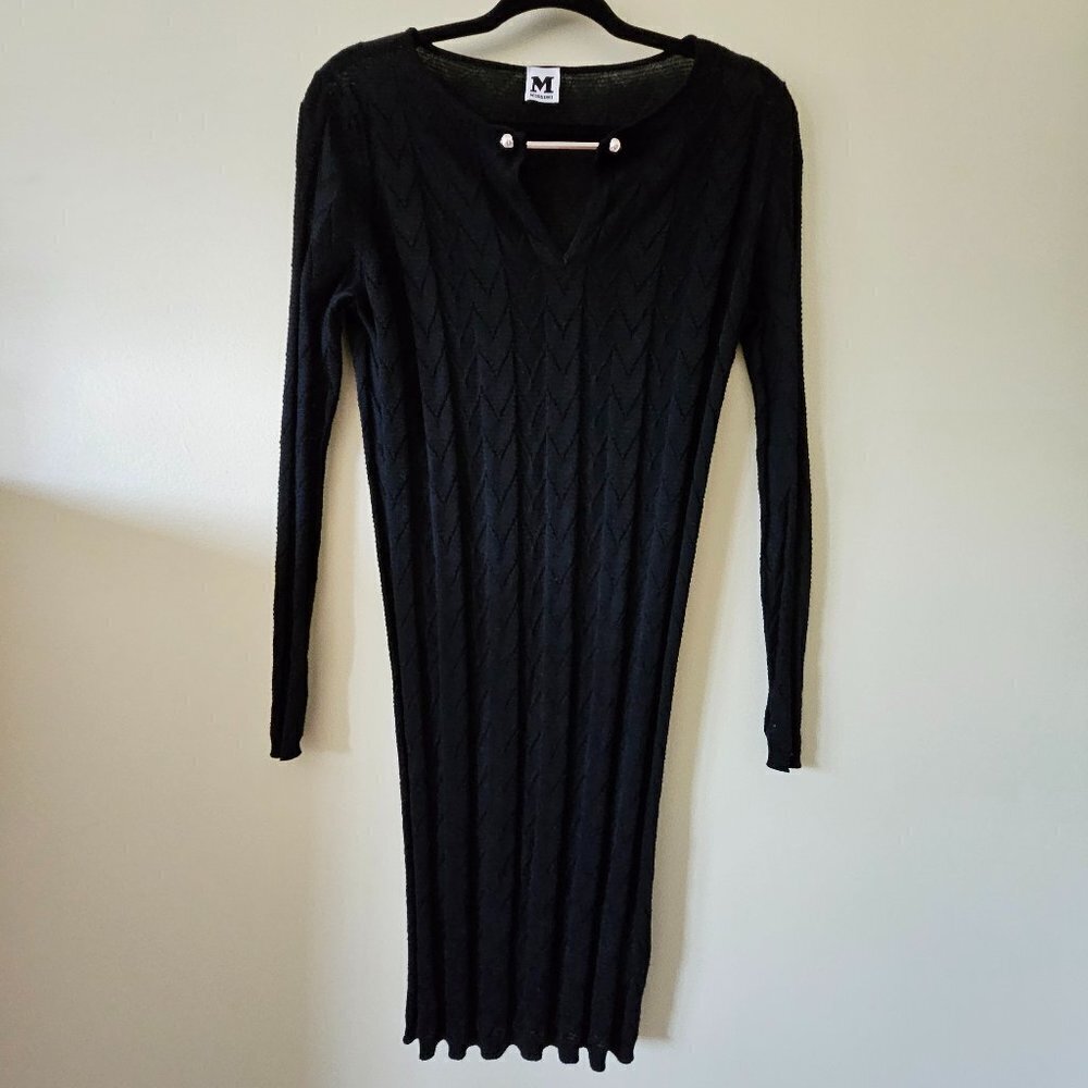 M Missoni Wool Blend Dress 40/S Black Signature Pattern LS V Neck Bar Clasp Midi